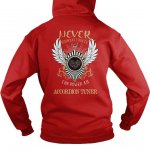 Back of a red hoodie with a flying eagle crest and the text, typo included: Never under estimate the power an Accordion tuner. 